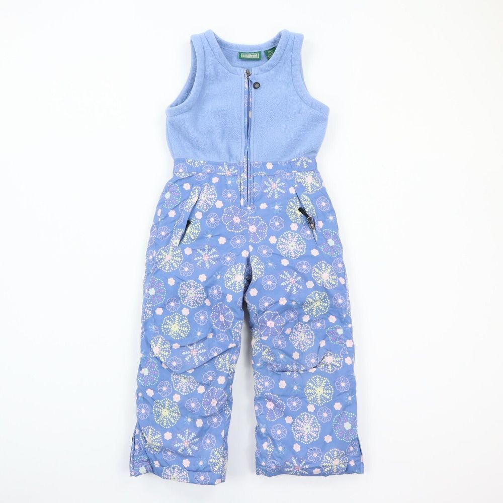 LL Bean Girls Insulated Fleece Top Snow Bibs Floral periwinkle size 5/6 EUC